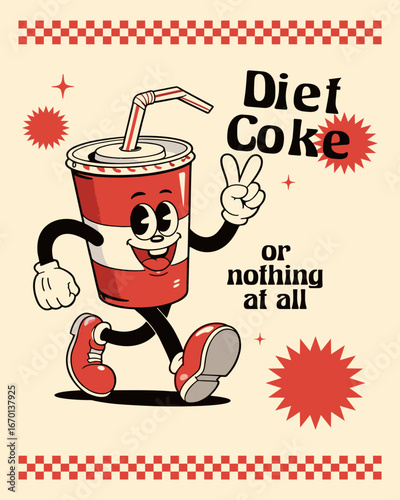 A retro vintage poster style illustration of a walking soda cup character
