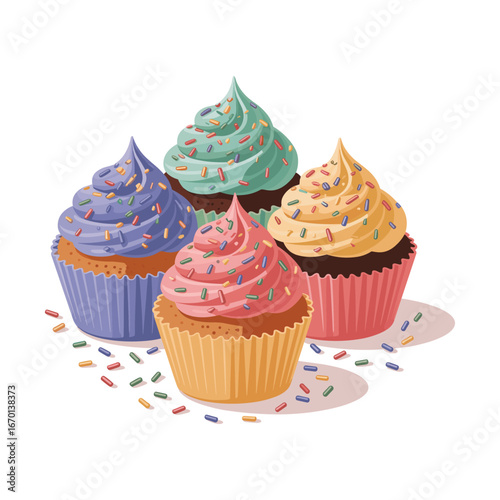 A delightful assortment of colorful frosted cupcakes with sprinkles on a white background