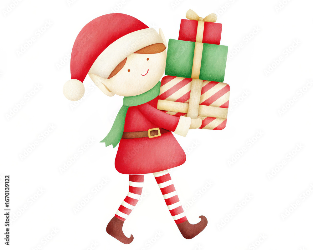 Elf carrying Christmas presents with a smile in a festive outfit Elf carrying Christmas presents with a smile in a festive outfit