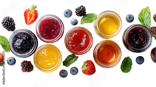 Homemade Jams in Jars: A flat lay of homemade jams in jars with fruits and labels, isolated on a Transparent background, PNG file.