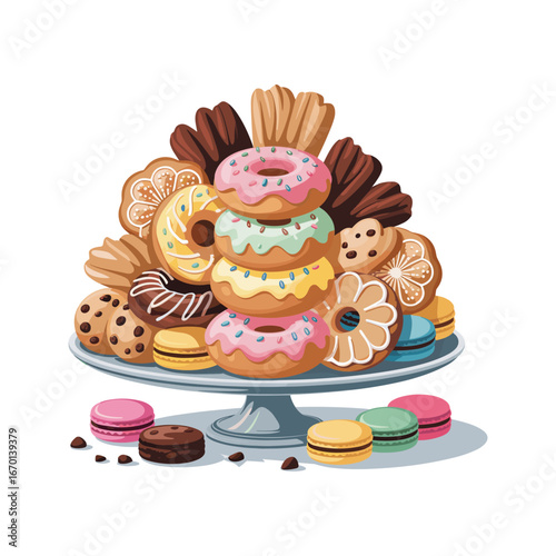 A delightful assortment of colorful donuts cookies and pastries piled high on a cake stand