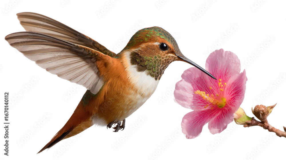 Naklejka premium Hummingbird in Midair: A hummingbird hovering midair, feeding from a flower, isolated on a Transparent background, PNG file.