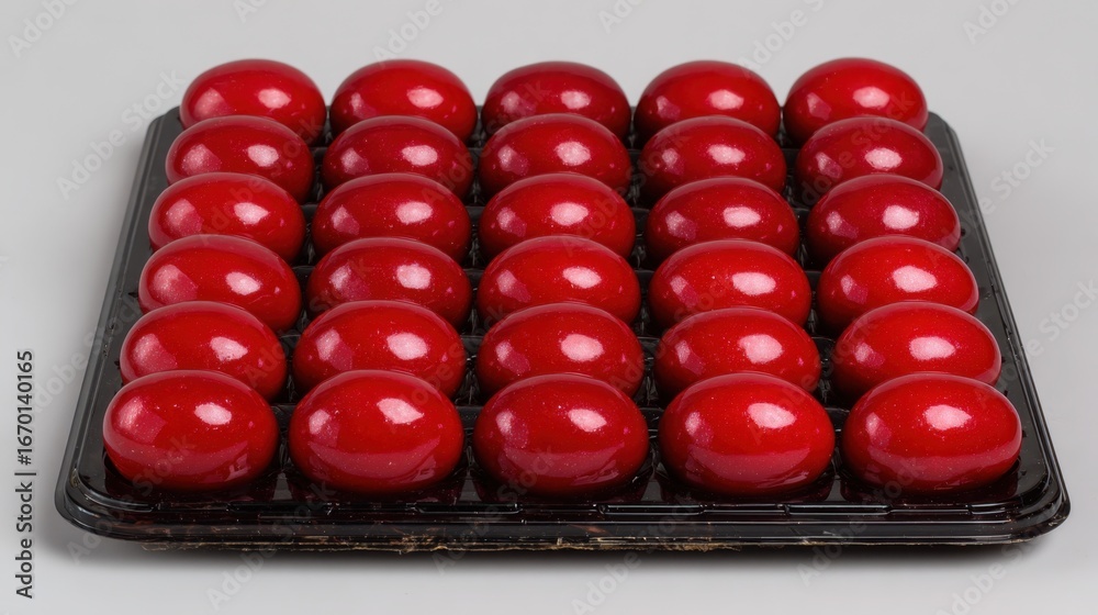 Naklejka premium Red Decorative Eggs in Black Plastic Tray for Festive Occasions