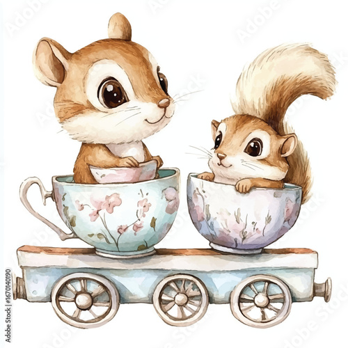 Watercolor Squirrels Teacup Train Ride Charming duo of adorable squirrels enjoying a whimsical journey aboard a miniature train crafted from teacups
