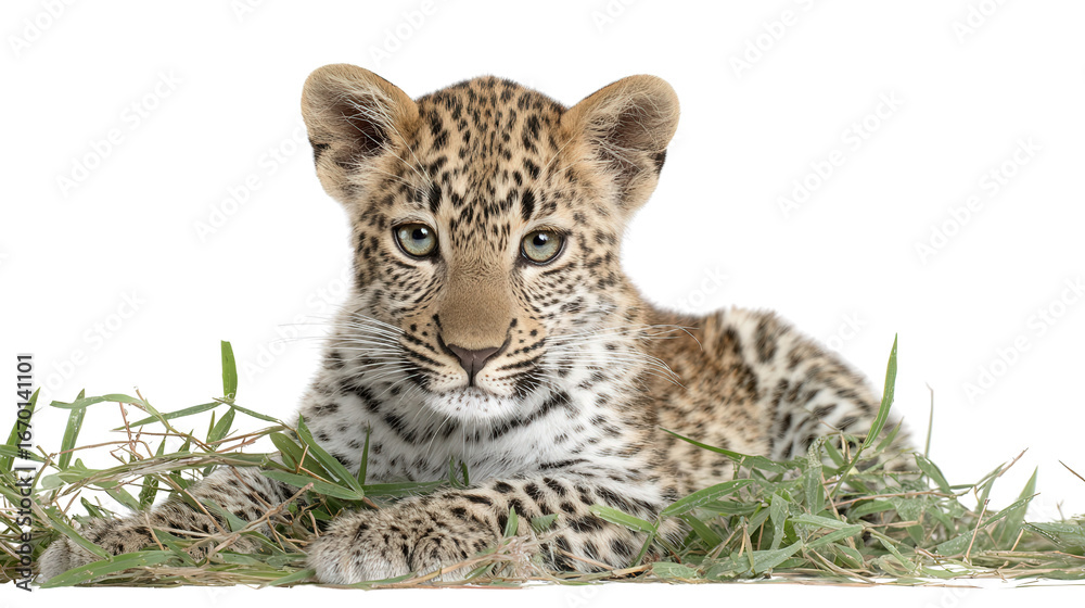 Fototapeta premium Leopard Cub Playing: A flat lay of a leopard cub playing in the grass, isolated on a Transparent background, PNG file.