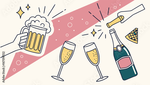 Celebration Illustration Beer Champagne and Appetizer.