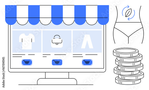 Computer monitor with e-commerce storefront, fitness body icon with arrows, and stacked coins. Ideal for e-commerce, finance, fitness, health, retail online transactions marketing. Simple flat