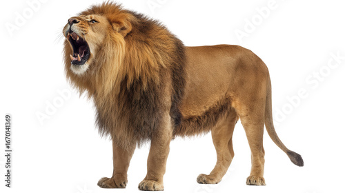 Lion Roaring on the Savanna: A lion roaring loudly on the African savanna, isolated on a Transparent background, PNG file.