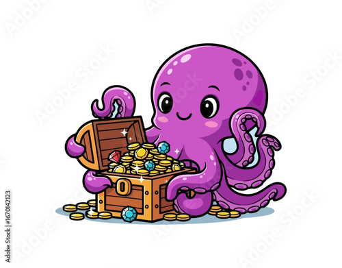 Octopus with treasure chest illustration