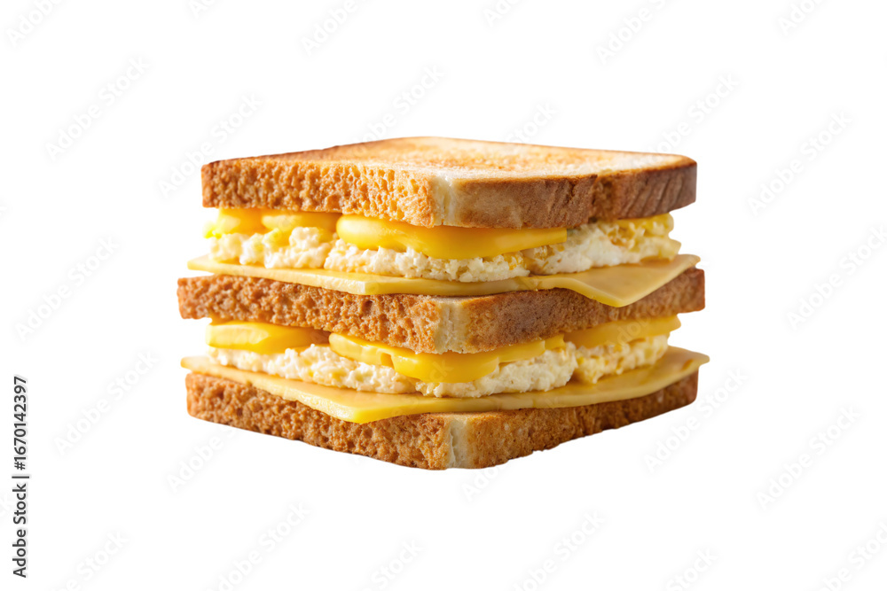 Fototapeta premium Multi-layered grilled cheese sandwich with scrambled eggs, melted cheese, and perfectly toasted bread slices stacked high, isolated on a transparent background