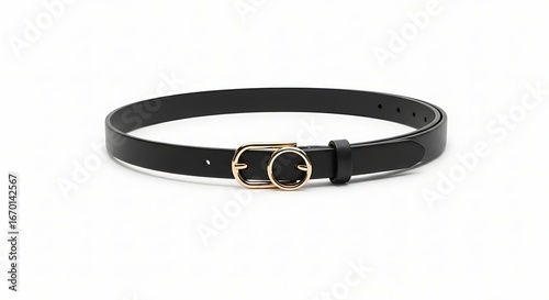 A black leather belt with a gold-colored double-oval buckle, isolated on white.