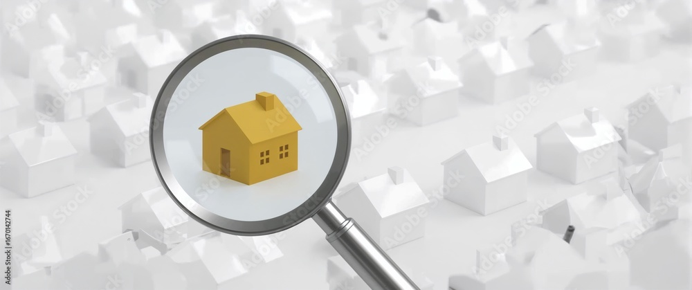 Obraz premium Magnifying glass focusing on a unique yellow house among many white properties, symbolizing the search for the perfect home