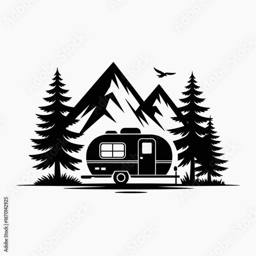 Vintage camper in a mountain forest scene