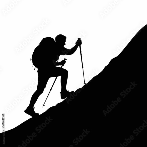 Silhouette of a hiker ascending a steep mountain trail with trekking poles