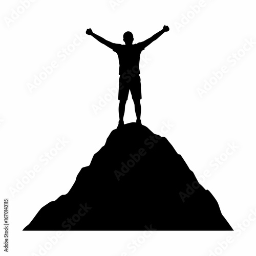 Silhouette of a person celebrating victory on a mountain peak