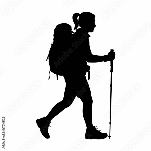 Silhouette of a hiker with a backpack and trekking poles