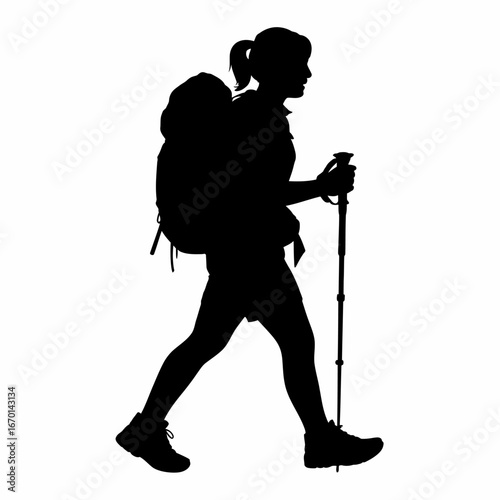 Silhouette of a woman hiking with trekking poles and a backpack