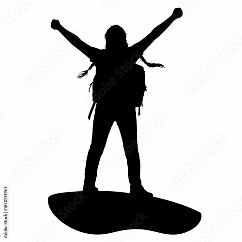 Silhouette of a triumphant hiker with arms raised on a mountain peak