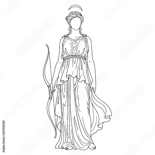 Artemis Wilderness Line Art – Deer and Hunt Vector Illustration Mythical Goddess Drawing – Artemis Drawing – Line Art Drawing of Artemis – Artemis Icon – Greek Goddess Vector