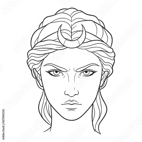 Moon Goddess Artemis Line Art – Hunting Bow Vector Outline Drawing with Celestial Details – Artemis Drawing – Vector of Artemis – Artemis Outline – Greek Goddess Lineart
