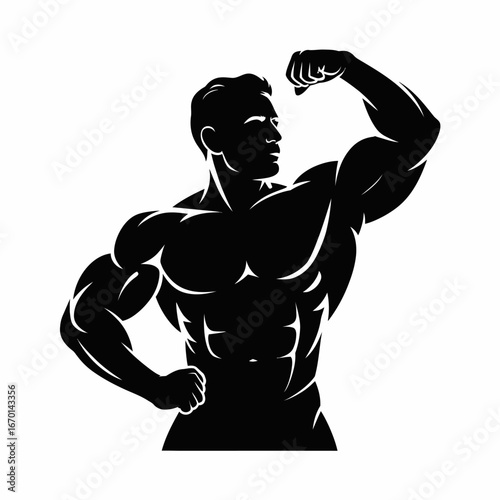 Silhouette of a muscular bodybuilder flexing biceps