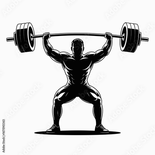 Muscular athlete lifting heavy barbell overhead in silhouette