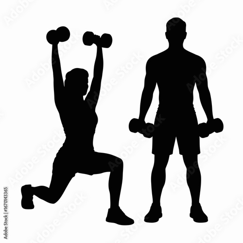 Silhouettes of a woman performing a lunge and a man holding dumbbells