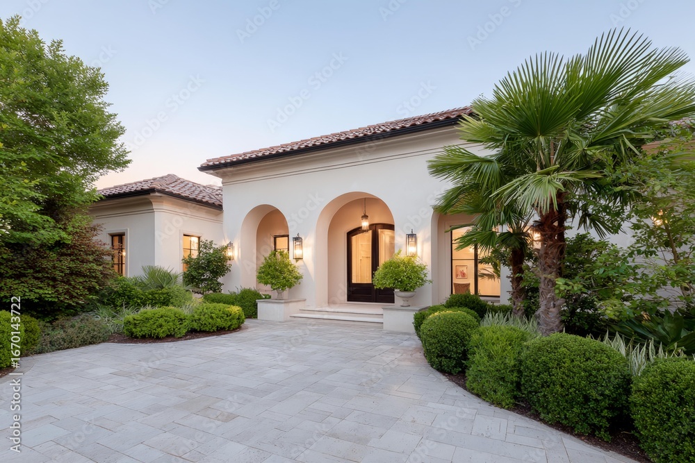 Large white house with a black door and a white archway. Large white house with a black door and a white archway.