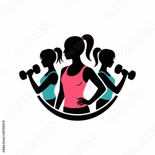 Three women silhouettes lifting dumbbells in a fitness emblem