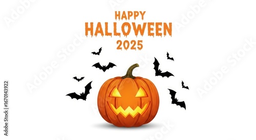 Spooky Halloween 2025 celebration with glowing pumpkin and flying bats