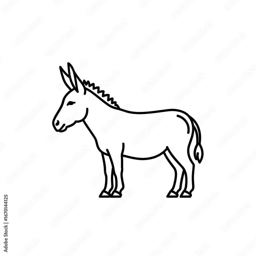 Obraz premium Simple black and white line art illustration of a donkey standing sideways, farm animal outline design, livestock graphic icon, minimal style drawing