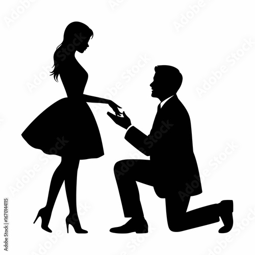 Romantic silhouette of a marriage proposal with a woman accepting