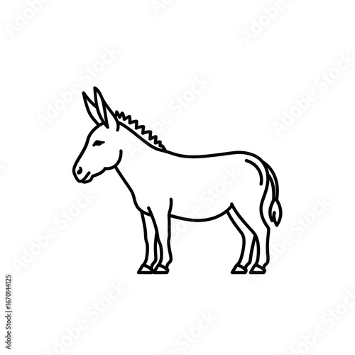 Simple black and white line art illustration of a donkey standing sideways, farm animal outline design, livestock graphic icon, minimal style drawing