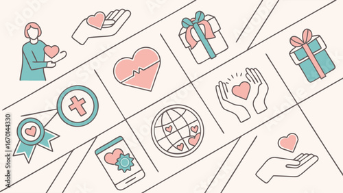 Charity Donation Volunteer Giving Kindness Heart Love Care Support Help Global Community Health Medical Gift Present Award Badge Mobile App Icon Symbol Design Illustration Vector Graphic Flat Minimal.