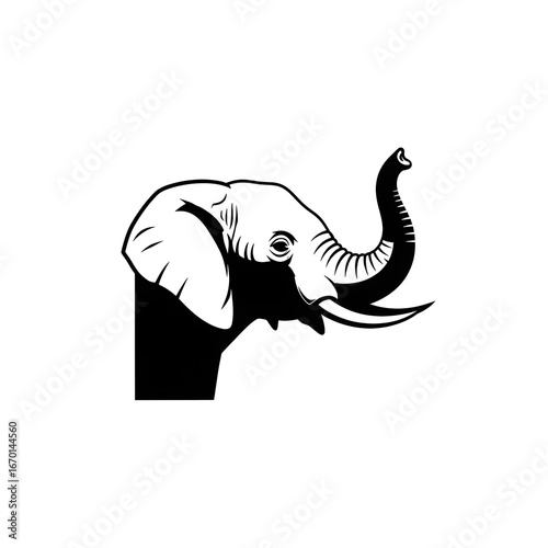 Minimalist Elephant Head Icon – Black and White Silhouette of Elephant with Tusks and Trunk Up – Vector Graphic Logo Design for Safari, Wildlife, Nature, Animal Symbol, Conservation, Branding
