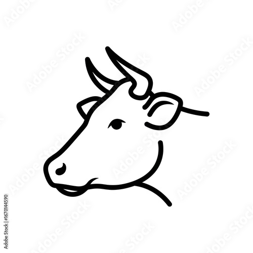 Black and white cow head side view icon illustration, simple line art bull face with horns, livestock animal drawing, symbol design for farm logo, mascot, tattoo, print, emblem