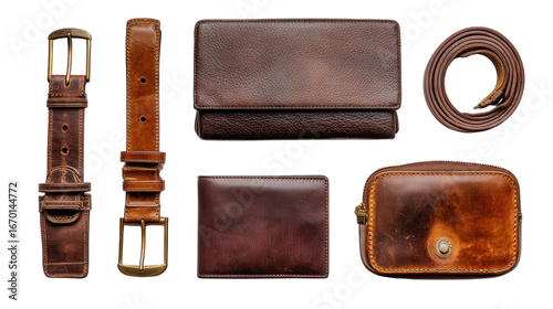 Luxury Leather Bags: A flat lay of luxury leather bags with fine stitching and zippers, isolated on a Transparent background, PNG file.