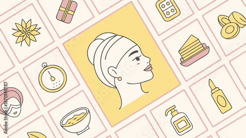 Spa Treatment Illustration Skincare Routine Beauty Products Wellness Concept Flat Design Minimalist Style Female Profile Face Mask Cream Jar Cosmetic Icons Gift Box Pills Relaxation Self Care Beauty .