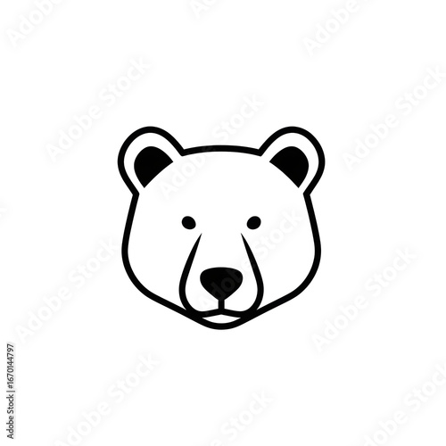 Black and white bear head illustration, simple wild animal face vector icon, stylized mammal contour for wildlife, forest, predator, conservation, logo design, hunting emblem, or nature symbol concept