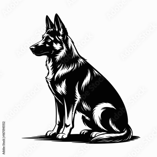 Elegant black and white sketch of a sitting german shepherd dog