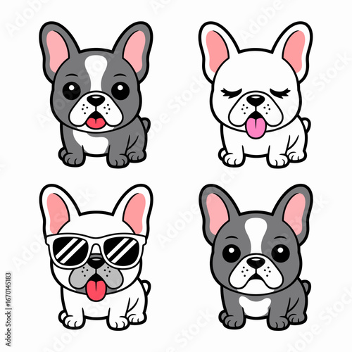Four adorable cartoon french bulldogs in different poses and styles
