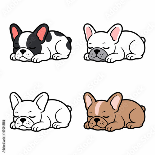 Four adorable sleeping french bulldogs in different poses