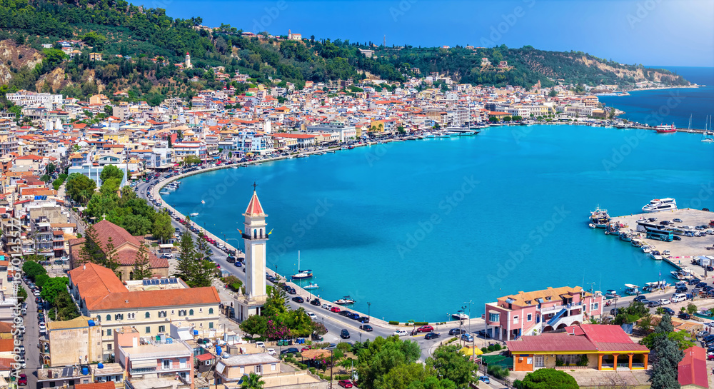Fototapeta premium Panoramic aerial summer day view of the town and port of Zakynthos island, Ionian Sea, Greece