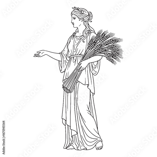 Abundant Demeter Line Art – Grain and Harvest Vector Outline Drawing with Fertile Form – Demeter Drawing – Vector of Demeter – Demeter Outline – Greek Goddess Lineart