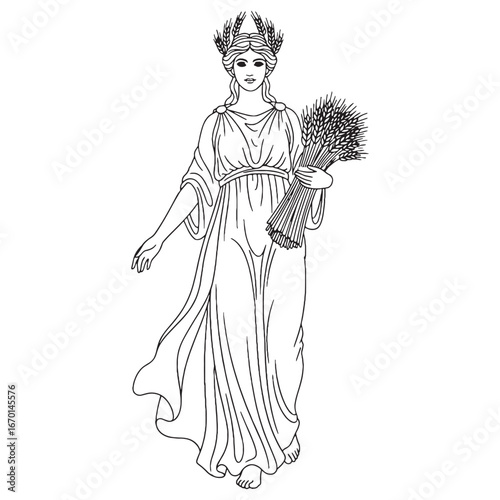 Mythical Demeter Line Art – Wheat and Crop Vector Illustration Agriculture Goddess Drawing – Demeter Drawing – Line Art Drawing of Demeter – Demeter Icon – Greek Goddess Vector