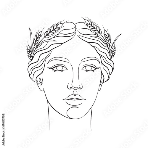 Stylized Demeter Line Art – Grain Basket Vector Illustration Divine Agriculture Goddess Drawing – Demeter Drawing – Line Art Drawing of Demeter – Demeter Icon – Greek Goddess Vector