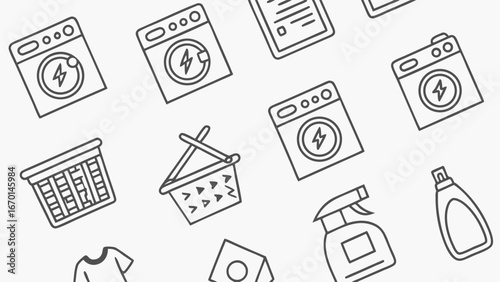 Laundry Day Icons Cleaning Supplies Washing Machine Clothes Basket Pattern Design Household Items Home Cleaning.