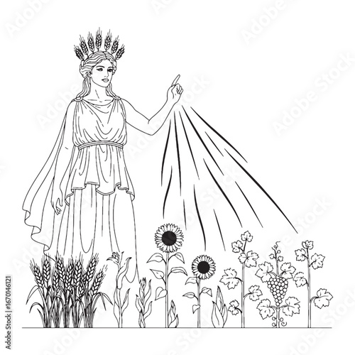 Artistic Demeter Line Art – Grain Sheaf Vector Illustration Fertile Ancient Goddess Drawing – Demeter Drawing – Line Art Drawing of Demeter – Demeter Icon – Greek Goddess Vector