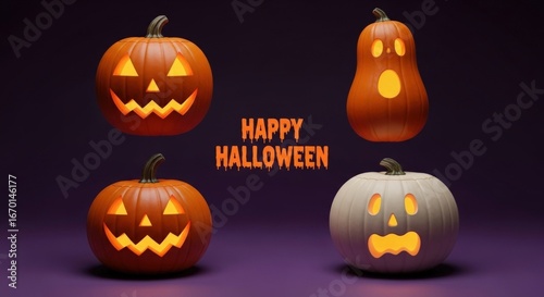 Spooky jack-o'-lanterns glow with festive Halloween spirit on dark background