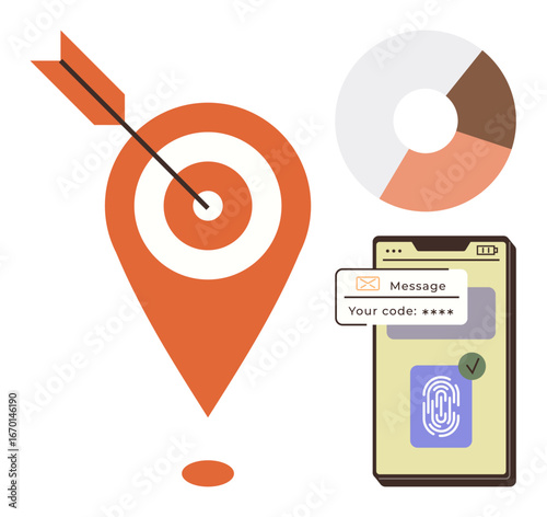 Arrow hitting location pin, pie chart, phone with fingerprint authentication, message code verification. Ideal for cybersecurity, analytics, mobile access, goal setting, data protection privacy
